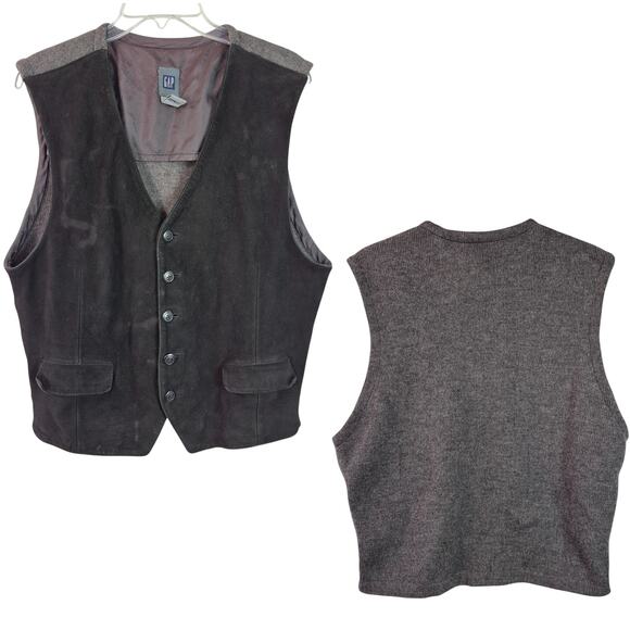 Gap Black Leather Gray Wool Knit Button Front Vintage Vest XL - Picture 1 of 3